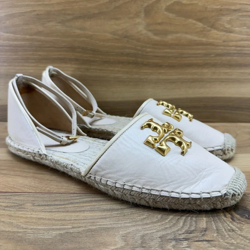 Tory Burch Eleanor Espadrille Flats 10 Cream Gold Logo Ankle Strap Resort Travel